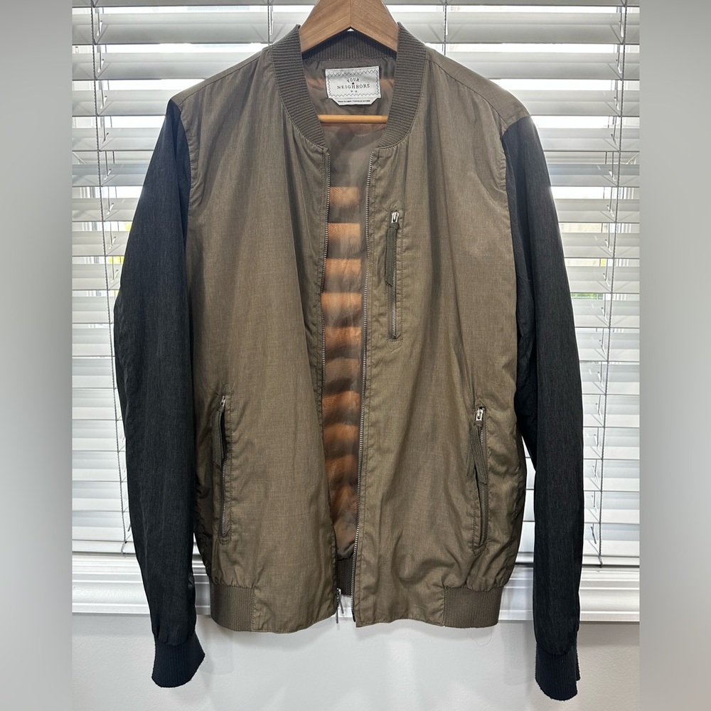 Brand: your neighbors; Size:M; Color: olive green tan with charcoal grey sleeves
